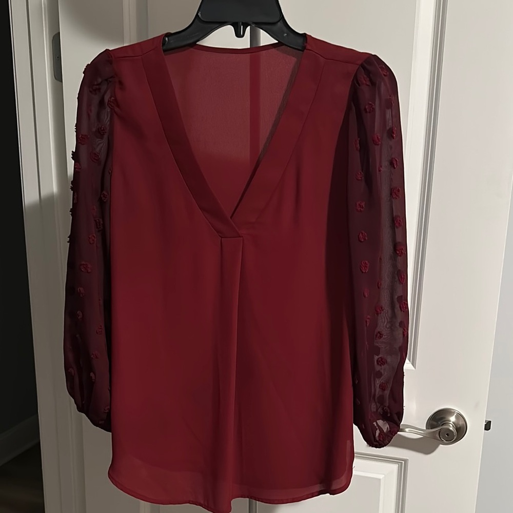 Burgundy V-Neck Blouse w/dotted sheer sleeves Sz S